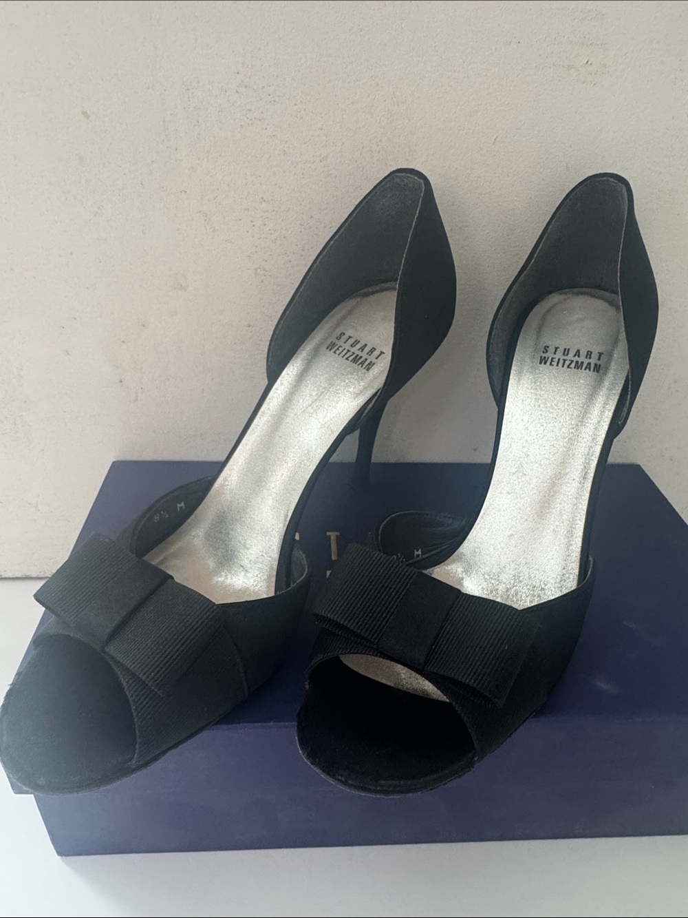 Stuart Weitzman 8-1/2 Black Satin Peep-Toe D’orsay Bow Pumps (with box)